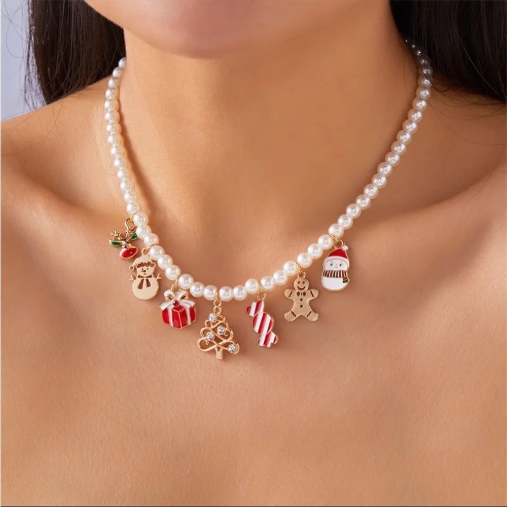 Beaded Christmas Charm Choker Necklace - 15”-17.5”